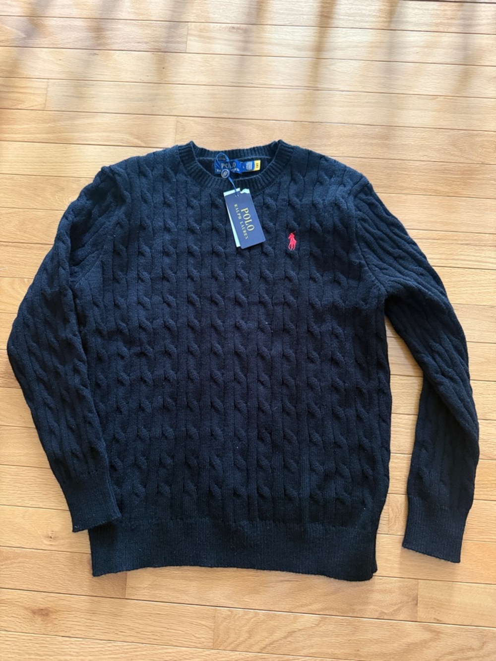 Polo by Ralph Lauren Black Cable-Knit Crewneck Sweater with Red Pony